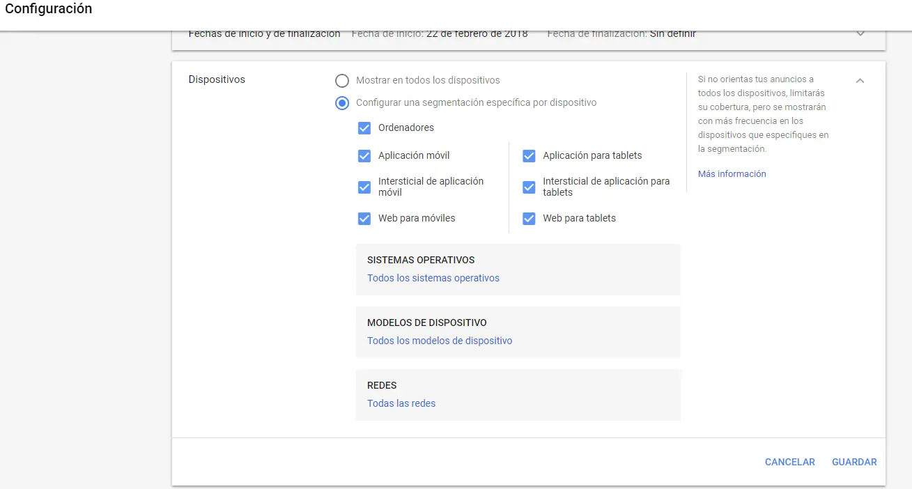Configuración en Dispositivos Móviles Segmentación en Dispositivos para Display