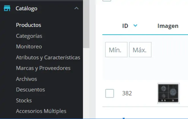 Catálogo del backoffice de prestashop para la gestión de productos.